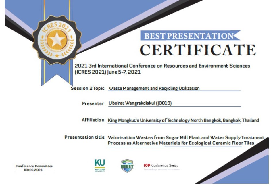 อาจารย์ มจพ. คว้ารางวัล BEST PRESENTATION จากงานประชุม ICRES 2021 ตอบโจทย์ การอนุรักษ์พลังงาน